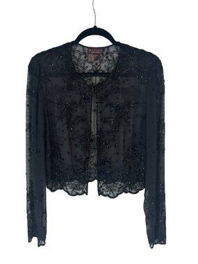 Vtg Marina Bresler Size Medium Sheer Cropped Jacket Embellished with Black Beads